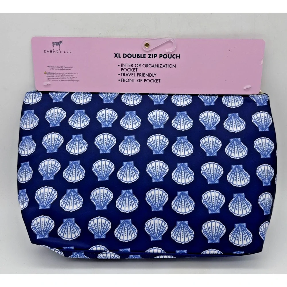 Dabney Lee XL Double Zip Pouch Navy Blue Seashell Travel Organizer Pouch NEW